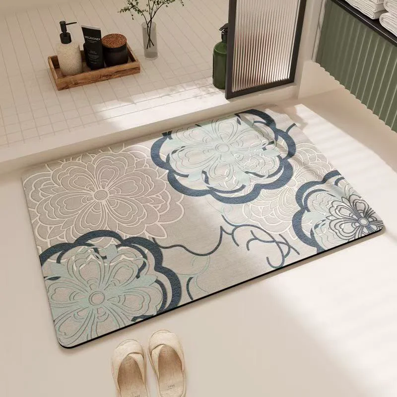 Crafted Ownkoti Soft Blue Filigree Floral Bathroom Rug Artisan