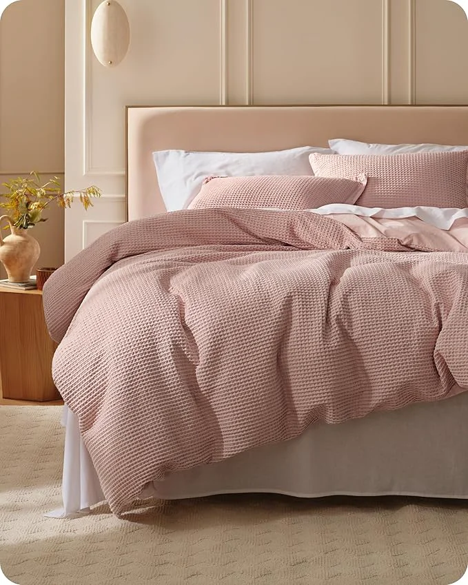 Official Bedsure Cotton Duvet Cover King – Cotton Waffle Weave Pink Duvet Cover King Size GentleSoft™ and Breathable Bedding Set for All Season 3 Pieces 104 quot x90 quot