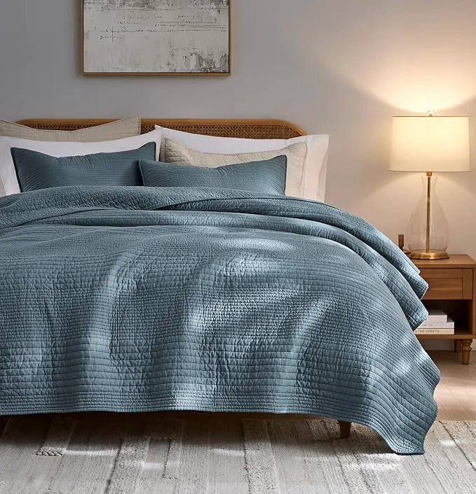 Practical PALASSIO Striped Blue Grey Cotton Quilt California Cal King Size Bedding Sets Oversized Lightweight Channel Pick Stitch Textured Bedspread Soft Farmhouse Country Coverlet for All Season 2 Shams Safe