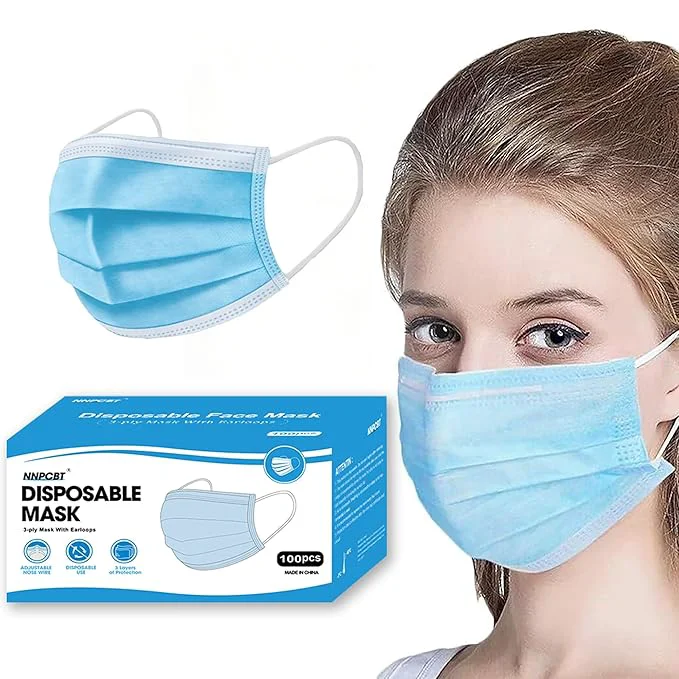 High-Quality NNPCBT Blue Disposable Face Masks 100 Pack 3-Ply Breathable Mask Safe