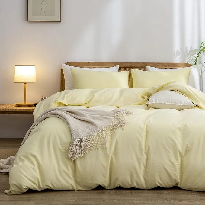 Original OUCH Duvet Cover Set Washed Cotton Linen Feel Super Soft Comfortable Chic Lightweight 3 PCs Home Bedding Set Solid Light Yellow Queen Elegant