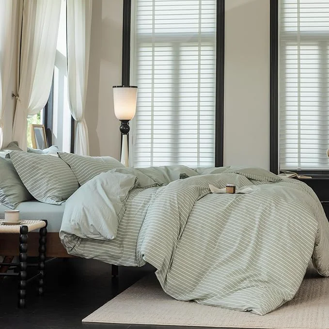 Classic Reversible Duvet Cover Set Washed Cotton Green Stripe Linen Feel Duvet Cover California King Size with Zipper Closure amp 2 Pillow Shams Celadon Green White Stripe Reverse Solid Green Clean