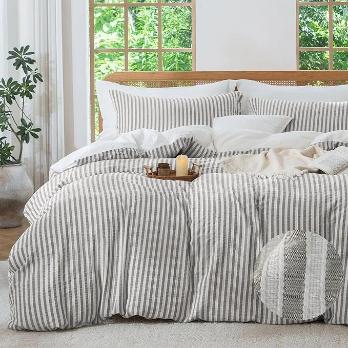 Sophisticated MILDLY Taupe Striped Duvet Cover – Washed Cotton Jacquard Textured Comforter Cover with Dual Zipper Closure amp 8 Coner Ties Expertly Made