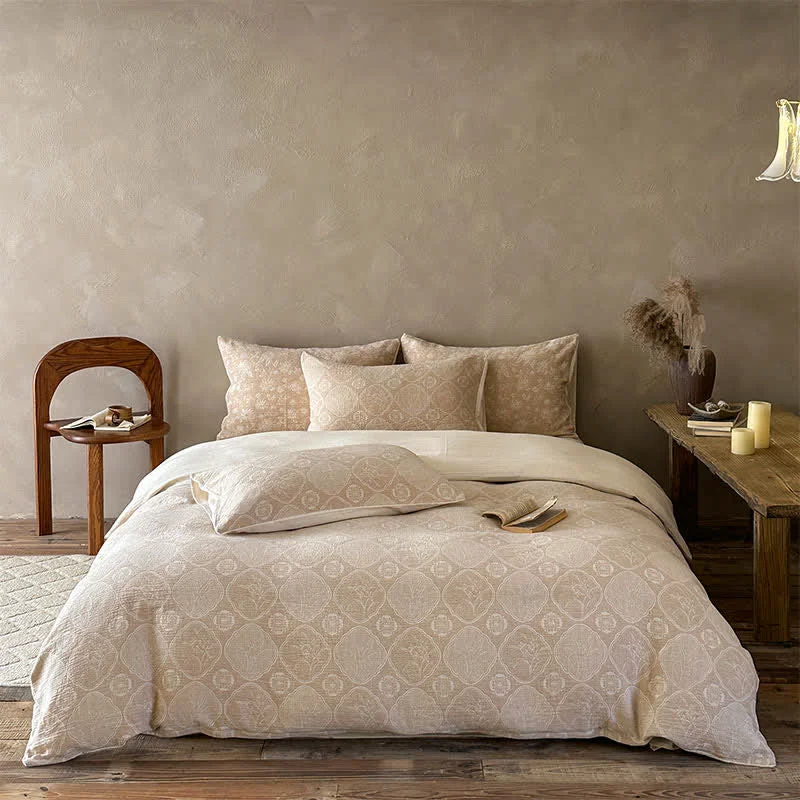 Pure Ownkoti Camel Geometric Floral Jacquard Cotton Bedding Set Elite