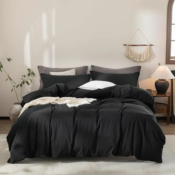 Solid Black Duvet Cover Oversize Queen Size Washed Cotton Bedding Set Cover 1 Duvet Cover with Zipper Closure and 2 Pillowcases 98inch x 98inch Organic