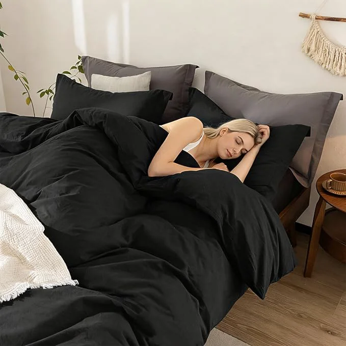 Clean Black Duvet Cover Queen Size Washed Cotton Bedding Set Cover 1 Duvet Cover with Zipper Closure and 2 Pillowcases 90inch x 90inch User-Friendly
