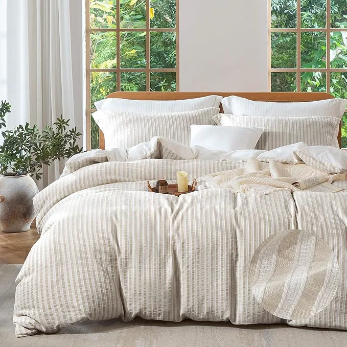 Relaxed MILDLY Khaki Striped Duvet Cover – Washed Cotton Jacquard Textured Comforter Cover with Dual Zipper Closure amp 8 Coner Ties High-Performance