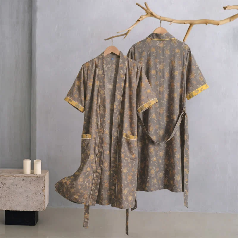 High-End Ownkoti Taupe Yellow Vintage Floral Kimono Robe Durable
