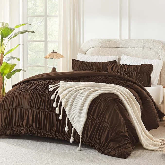 Effective Andency Ruched Brown Full Size Comforter Sets Shabby Chic Pleatd Bedding Sets 3 Pieces Lightweight Soft Boho Ruffle Bed Set for Girls Kids Women All Season Quality