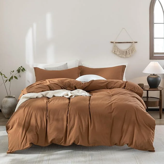 Lightweight Washed Cotton Dark Orange Duvet Cover Queen Size Bedding Set Cover 1 Duvet Cover with Zipper Closure and 2 Pillowcases 90inch x 90inch Original