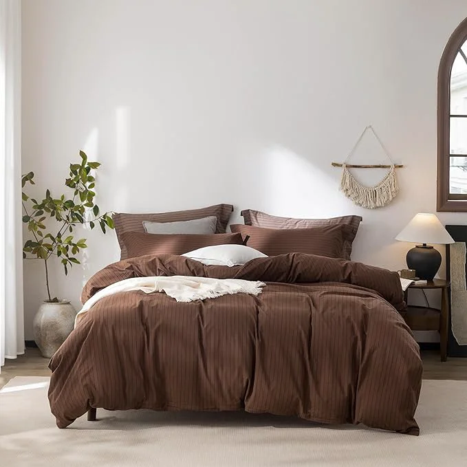 First-Class Stripe Duvet Cover King Size 104inch x 90inch Washed Cotton Pinstripe Duvet Cover with Zipper Closure and 2 Pillowcases Color of Cocoa Brown-Black Stripe Outstanding