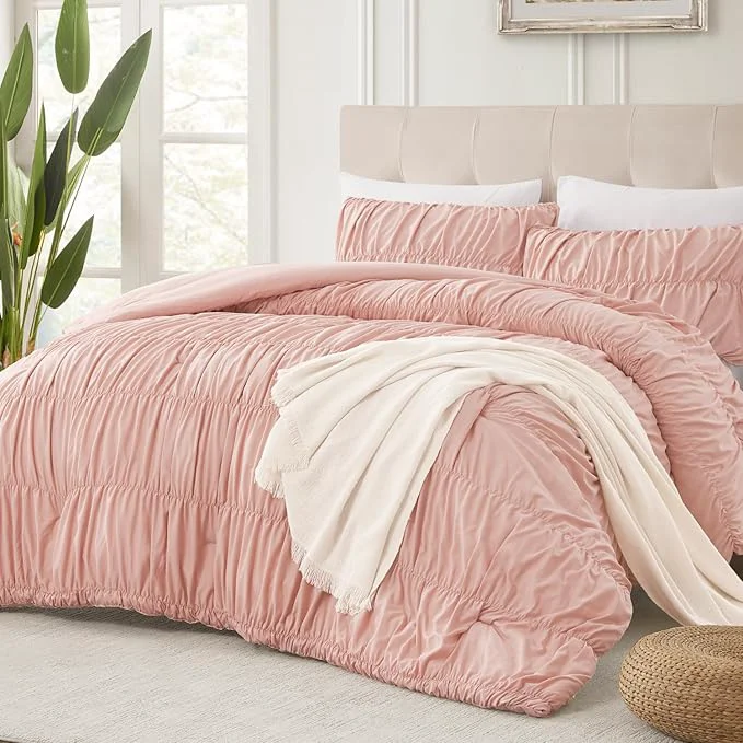 Andency Ruched Blush Pink Queen Comforter Set Shabby Chic Pleated Bedding Sets 3 Pieces Lightweight Soft Boho Ruffle Bed Set for Girls Kids Women All Season Excellent