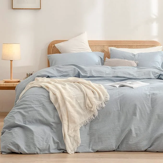 World-Class OUCH Duvet Cover Set Washed Cotton Linen Feel Super Soft Comfortable Chic Lightweight 3 PCs Home Bedding Set Solid Cornflower Blue Cal King Pure