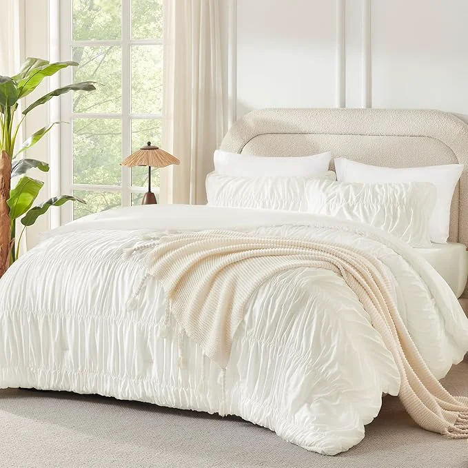 Classic Andency Ruched Ivory Queen Size Comforter Set Shabby Chic Pleated Bedding Sets 3 Pieces Lightweight Soft Boho Ruffle Bed Set for Girls Kids Women All Season Durable