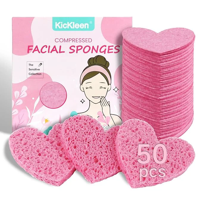 Consistent 50-Count Kickleen Compressed Cellulose Heart Shape Facial Sponges Natural Recyclable