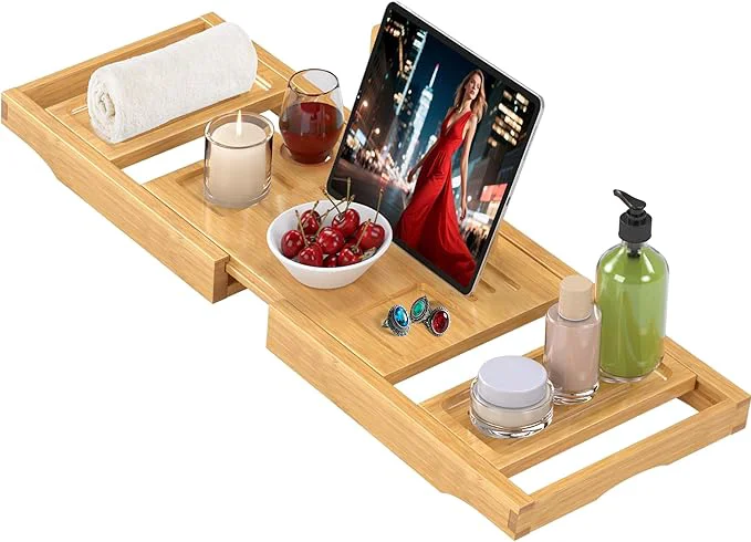 Carefully Designed Bathtub Tray Caddy Premium Bamboo Expandable Bath Tub Trays Table Foldable Luxury