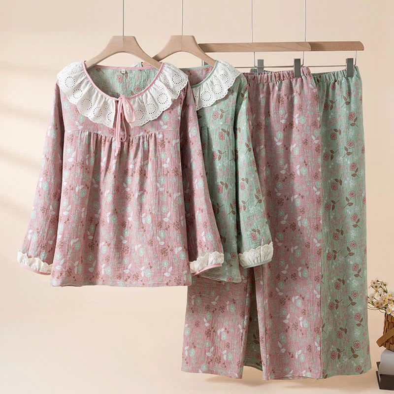 Official Ownkoti Rose Cotton Gauze Lace Loungewear Set Outstanding