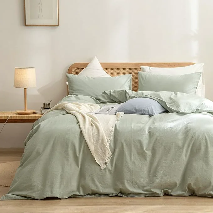 Proven OUCH Duvet Cover Set Washed Cotton Linen Feel Super Soft Comfortable Chic Lightweight 3 PCs Home Bedding Set Solid Sage Green Super King Carefully Designed