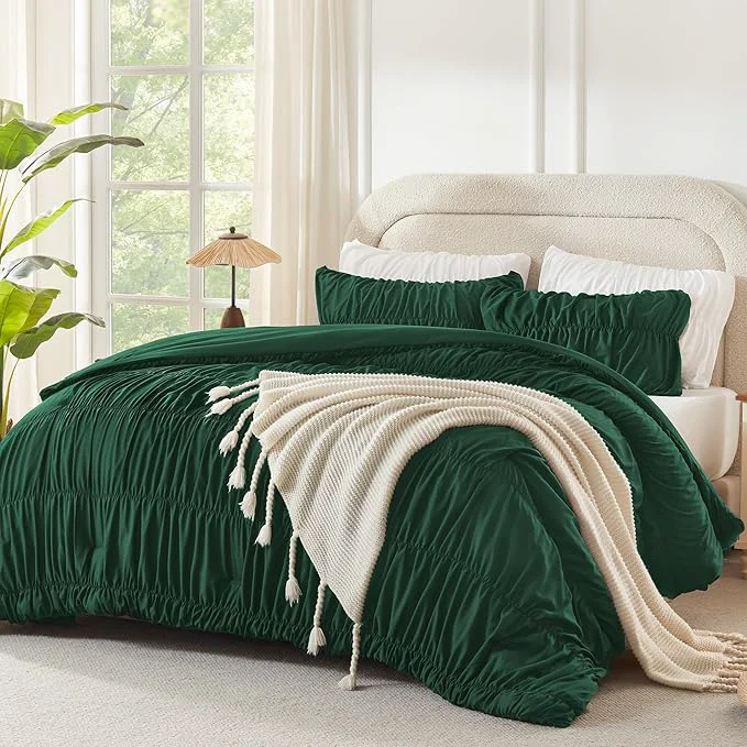 Top-Quality Andency Ruched Dark Emerald Green King Size Comforter Set Shabby Chic Pleated Bedding Sets 3 Pieces Lightweight Soft Boho Ruffle Bed Set for Girls Kids Women All Season