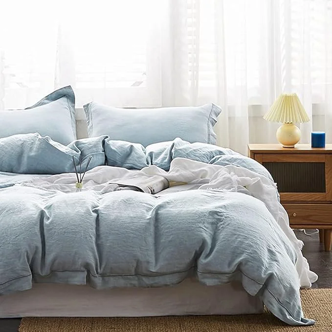 Verified Simple amp Opulence Linen Duvet Cover Set with Embroidery Border Washed – 2 Pieces 1 Duvet Cover amp 1 Pillow Sham with Button Closure Soft Breathable Farmhouse – Dusty Blue Twin Size Official
