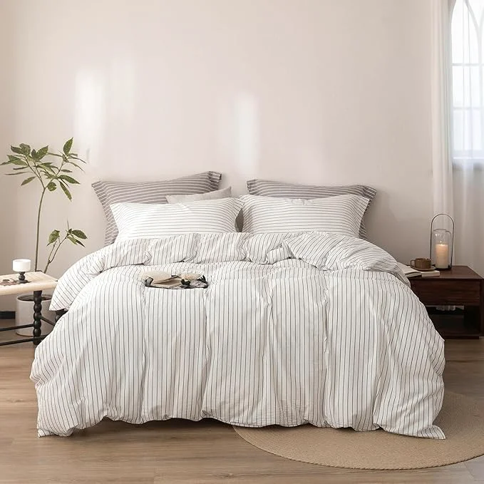 Certified Stripe Duvet Cover Super King Size 108inch x 98inch Washed Cotton Linen Feel Duvet Cover with Zipper Closure and 2 Pillowcases Color of White-Dark Grey Stripe Crafted