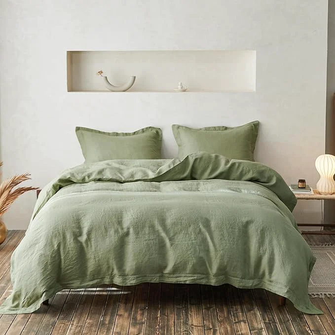 Fine Crafted Simple amp Opulence Linen Duvet Cover Set with Crossed Embroidery Washed – 3 Pieces 1 Duvet Cover with 2 Pillow Shams Soft Breathable Farmhouse – Sage Green King Size Exclusive