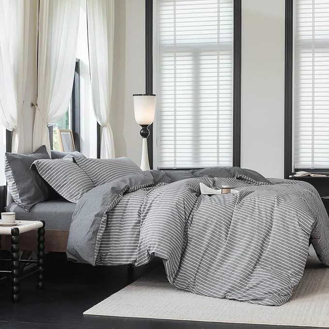 Convenient Reversible Duvet Cover Set Washed Cotton Dark Grey Pinstripe Linen Feel Duvet Cover Queen Size with Zipper Closure amp 2 Pillow Shams Dark Grey White Stripe Reverse Solid Dark Grey Soft