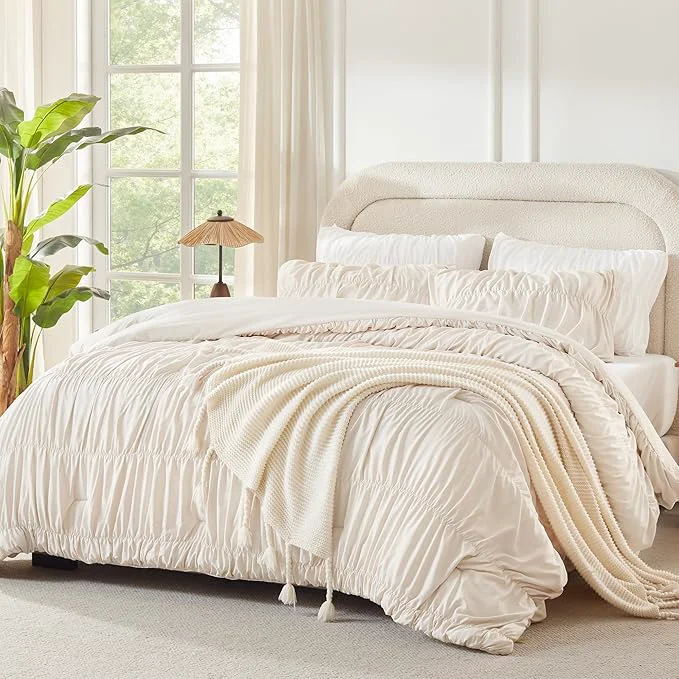 Comfortable Andency Ruched Beige King Size Comforter Set Shabby Chic Pleated Bedding Sets 3 Pieces Lightweight Soft Boho Ruffle Bed Set for Girls Kids Women All Season Elegant