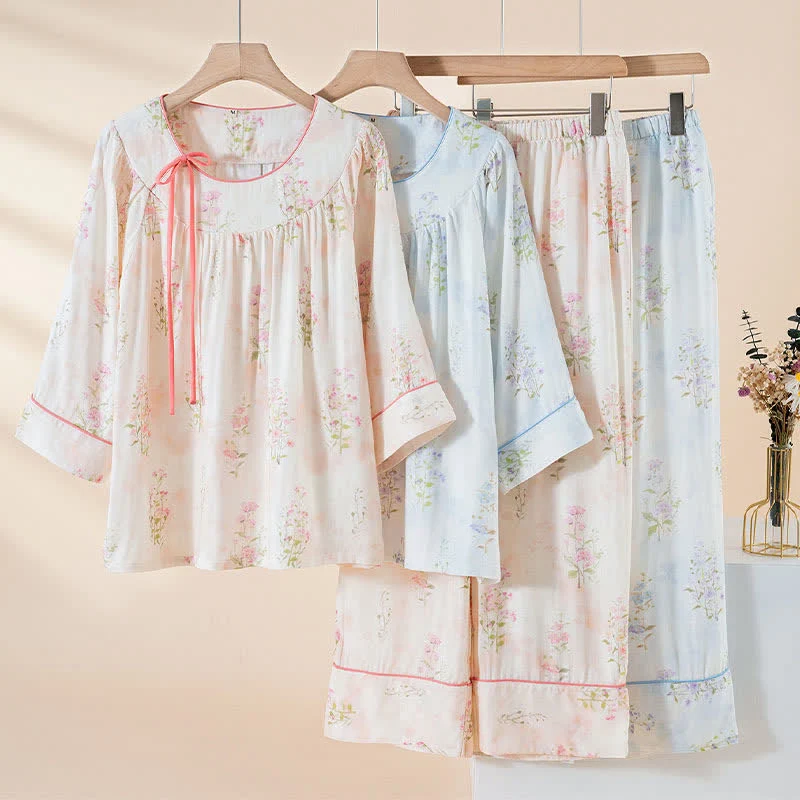 Elite Ownkoti Floral Bamboo Cotton Tie Neck Pajamas Original
