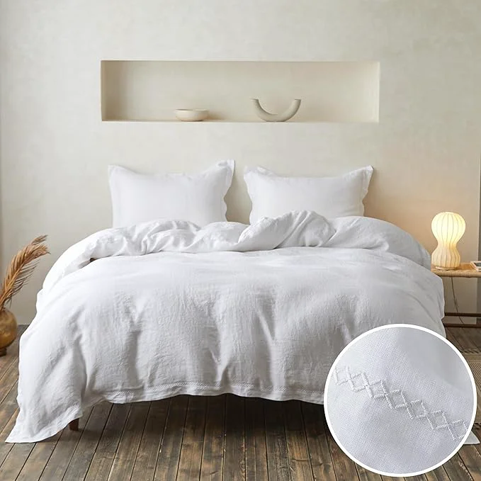 Detailed Simple amp Opulence Linen Duvet Cover Set with Crossed Embroidery Washed – 3 Pieces 1 Duvet Cover with 2 Pillow Shams Soft Breathable Farmhouse – White King Size Powerful