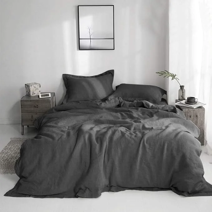 Environmentally Friendly Simple amp Opulence Linen Duvet Cover Set with Embroidery Border Washed – 3 Pieces 1 Duvet Cover with 2 Pillow Shams with Button Closure Soft Breathable Farmhouse – Dark Grey Queen Size Luxury
