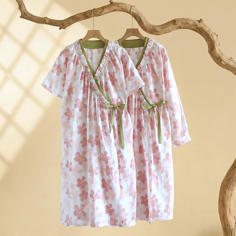 Convenient Ownkoti Sakura Floral Cotton Gauze Kimono Nightdress Long-Lasting
