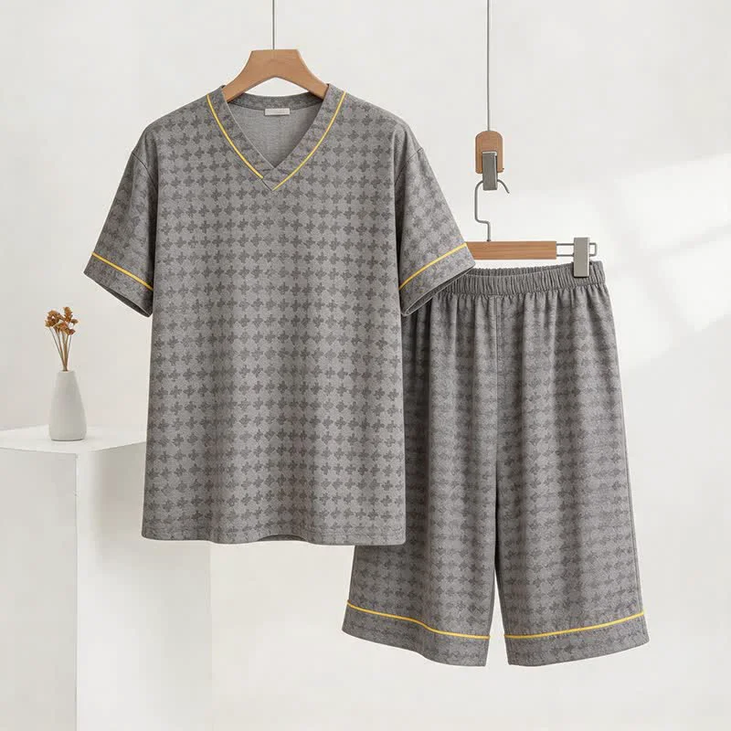 Classic Ownkoti Grey Geometric V-Neck Loungewear Set Exclusive