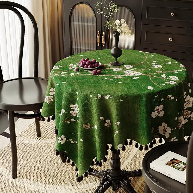High-End Ownkoti Vintage White Plum Blossom Tassel Tablecloth Convenient