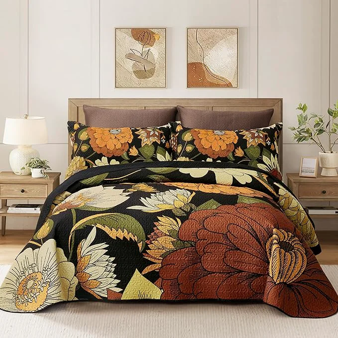 Classic 2 Piece Black Boho Floral Twin Size Quilt Sets Farmhouse Botanical Reversible Lightweight Bedspread Coverlet with 1 Sham Mid Century Microfiber Bedding Quilts Set for All Season 68 39 39 x86 39 39 Exceptional