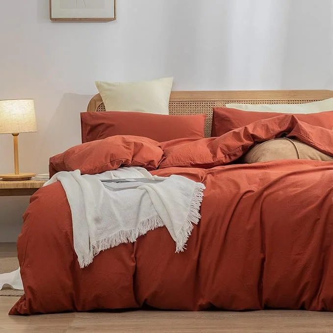 Expertly Made OUCH Duvet Cover Set Washed Cotton Linen Feel Super Soft Comfortable Chic Lightweight 3 PCs Home Bedding Set Solid Burnt Brick Red Oversized Full Genuine