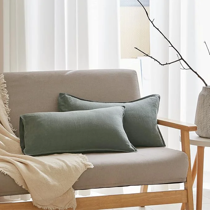 Stylish Simple amp Opulence Linen Lumbar Pillow Cover 12 x 20 Inches Set of 2 Rectangular Decorative Throw Cushion Cover for Couch Sofa Bed Living Room Office Soft Breathable Farmhouse – Cushing Green Natural