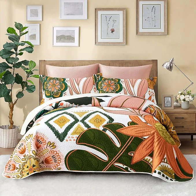 Certified 3 Piece Boho Floral King Size Quilt Sets Farmhouse Botanical Reversible Lightweight Bedspread Coverlet with 2 Shams Mid Century Leaves Microfiber Bedding Quilts Set for All Season 106 39 39 x96 39 39 Original