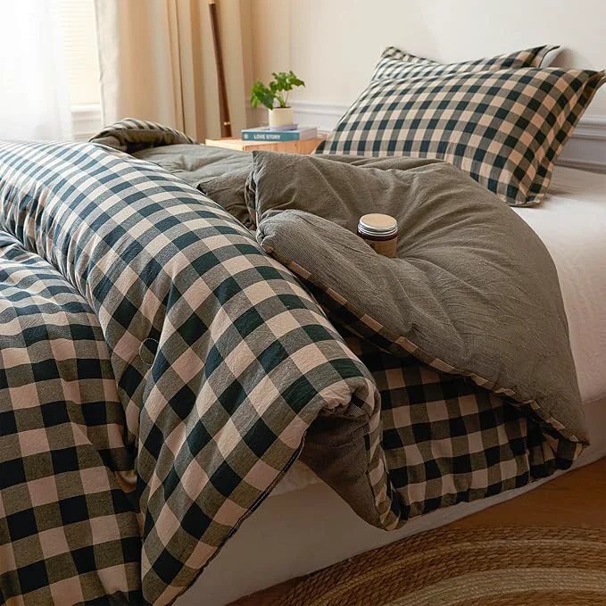 Classic Cyusri Cotton Plaid Full Comforter Set – Soft Lightweight Bedding 3 Pieces Dyed Bed Set with 2 Pillow Shams Reversible All Season Farmhouse Down Full Size 80 quot x90 quot Dark Green Carefully Designed