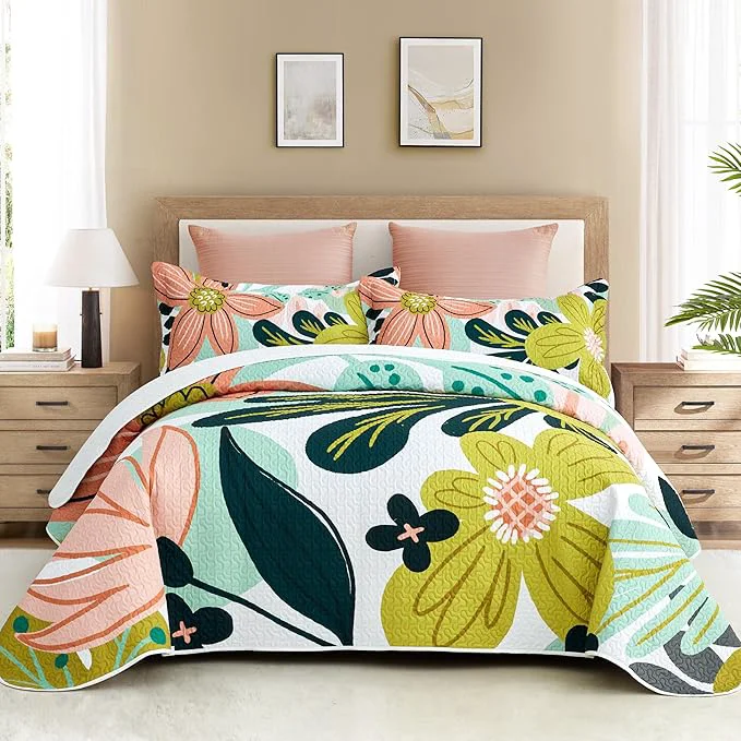 Comfortable 3 Piece Boho Floral Full Queen Quilt Sets Farmhouse Reversible Lightweight Bedspread Coverlet with 2 Shams Mid Century Botanical Leaves Microfiber Bedding Quilts Set for All Season 90 39 39 x96 39 39 Enhanced