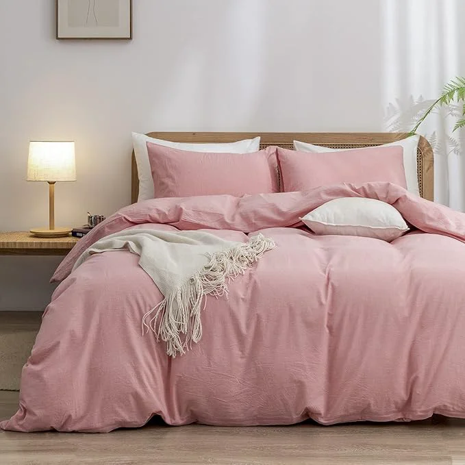 Expertly Made OUCH Duvet Cover Set Washed Cotton Linen Feel Super Soft Comfortable Chic Lightweight 2 PCs Home Bedding Set Solid Red Pink Twin Twin XL Elite