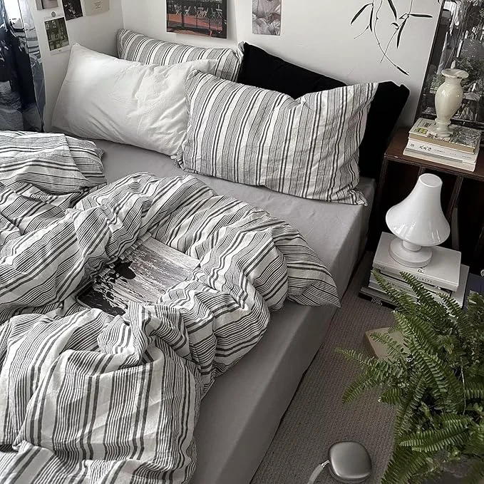 Prestigious MKXI Queen Size Charcoal Grey amp White Striped Duvet Cover Set – 3 Piece Modern Washed Cotton Bedding Soft Breathable Comforter Cover with Zipper Closure amp Corner Ties Minimalist Geometric Design Unique