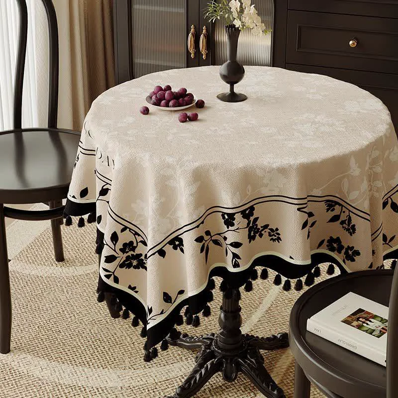 Reliable Ownkoti Black amp Beige Floral Print Tassel Tablecloth Certified