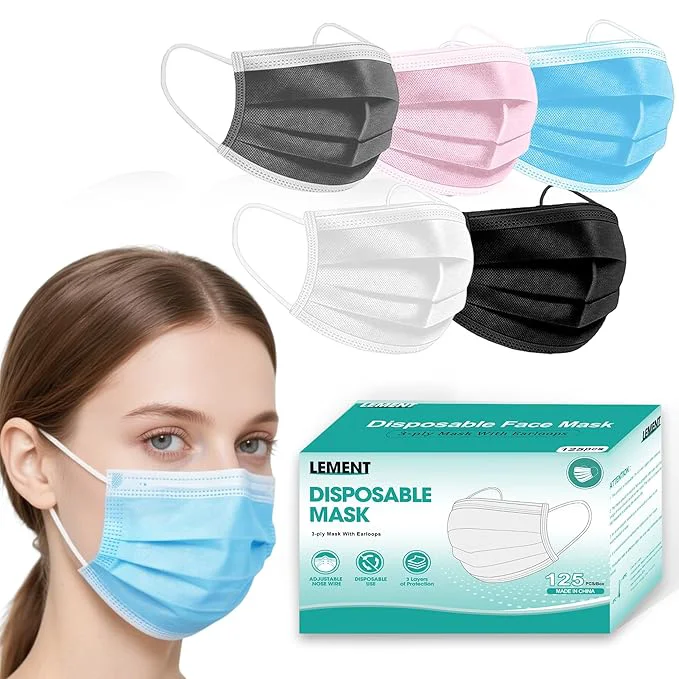 Stylish LEMENT Disposable Face Masks 125 Pcs 3 Ply Face Mask Elastic Earloops Certified