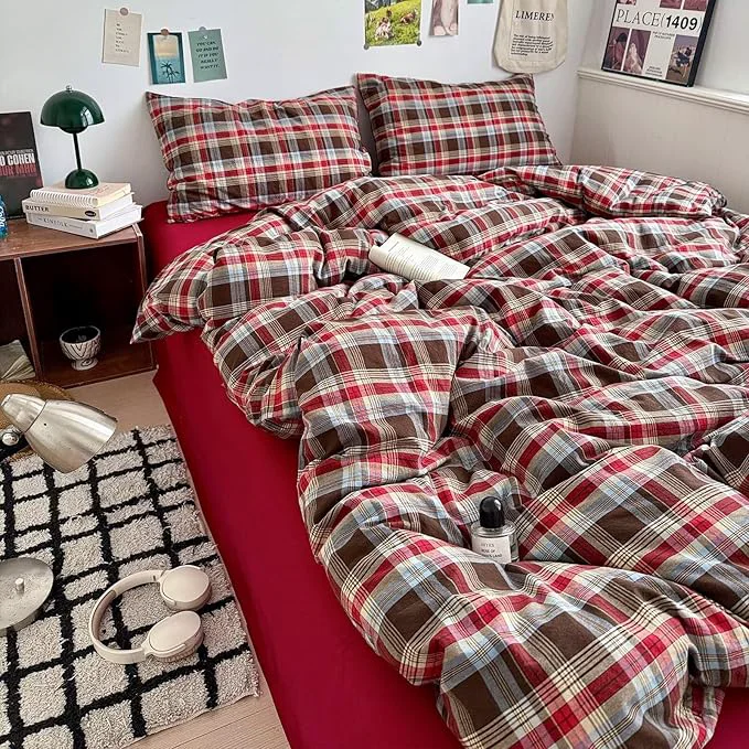 MKXI King Buffalo Plaid Duvet Cover Set 3-Piece Lightweight Washed Cotton Farmhouse Bedding Brown Red Blue Plaid Comforter Cover with Zipper Closure Smart