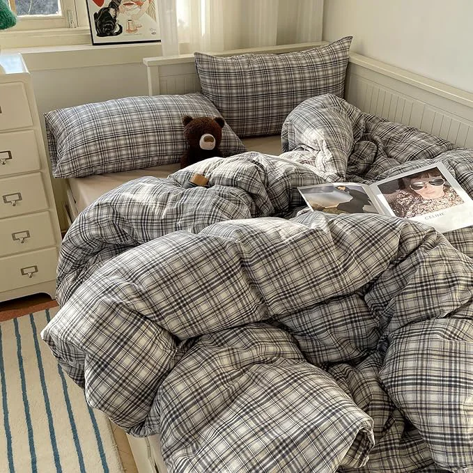 High-Performance MKXI Twin XL Modern Plaid Duvet Cover Set 3 Piece – Deep Navy Washed Cotton Bedding Modern Farmhouse Check Design Breathable amp Vintage Linen Like Bedding Set with Zipper Closure Luxury