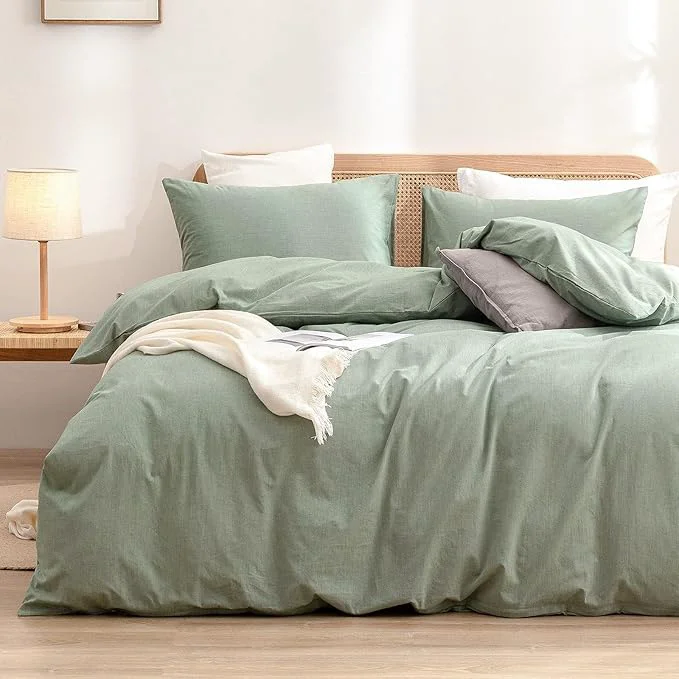 Enhanced OUCH Duvet Cover Set Washed Cotton Linen Feel Super Soft Comfortable Chic Lightweight 3 PCs Home Bedding Set Solid Green Oversized Full Powerful