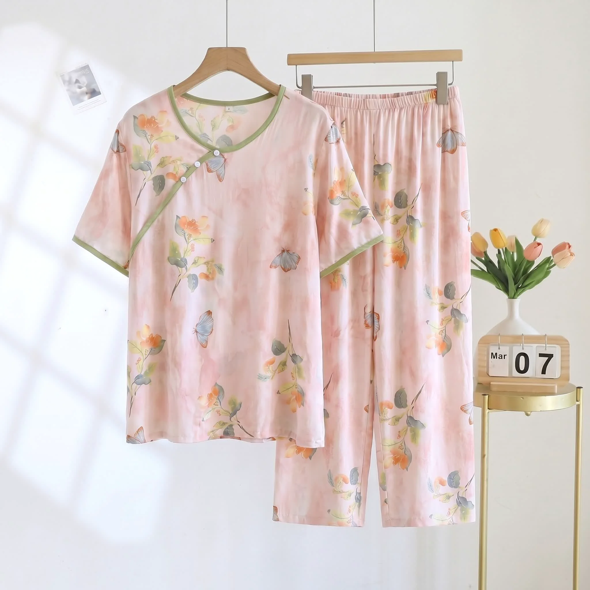 Enhanced Ownkoti Butterfly Floral Cropped Pants Padded Nightwear Smooth