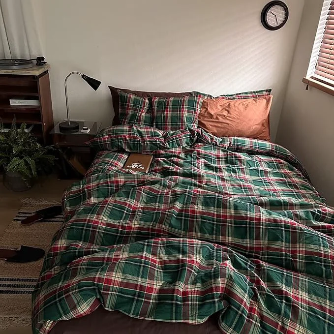Authentic MKXI Vintage Buffalo Plaid Duvet Cover Set 3-Piece Washed Cotton Reversible Bedding Green Red Checkered Twin XL Size with Zipper amp Corner Ties Farmhouse amp Shabby Chic Design Convenient