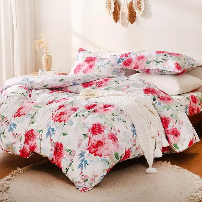 Carefully Designed JSD Rose Floral Duvet Cover Set Queen Size 3 Piece Soft Printed Microfiber Comforter Covers Zipper Closure Eco-Friendly